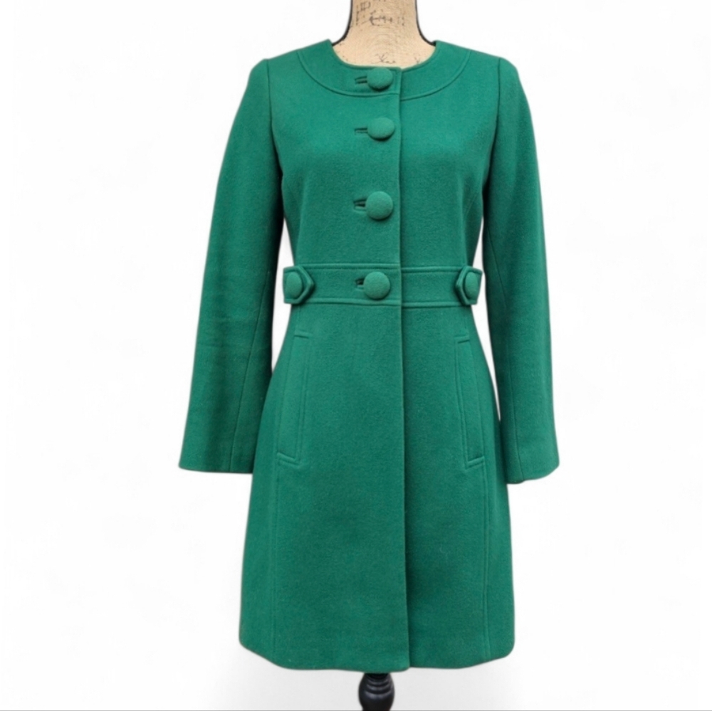 Elegant Banana Republic Emerald Green Wool Coat, Belted A-Line Button Front, XS